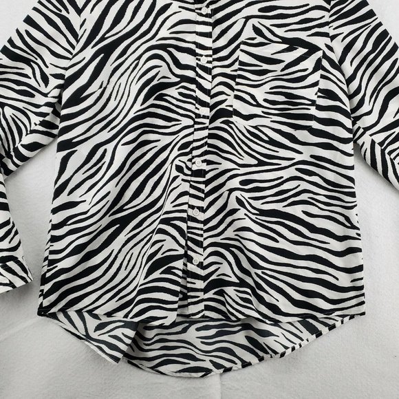 TIME AND TRU Shirt Women's Long Roll-Tab Sleeves Zebra Pattern White Black 2XL - Picture 3 of 12